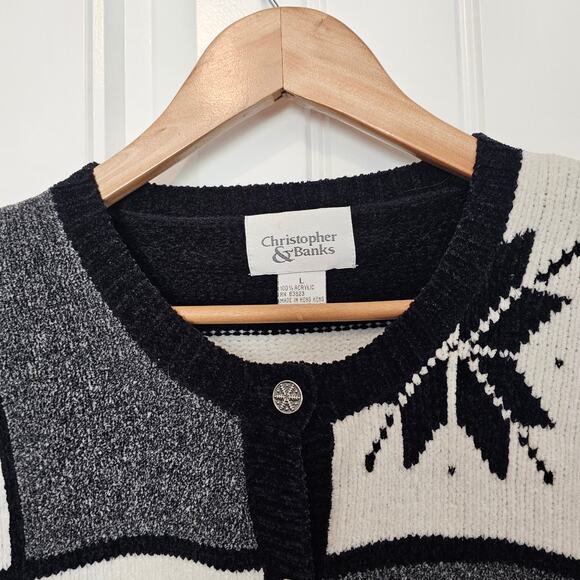 Vintage Christmas Cardigan Womens Sz Large Blk Snowflake Cottage Retro Patchwork - Picture 3 of 9